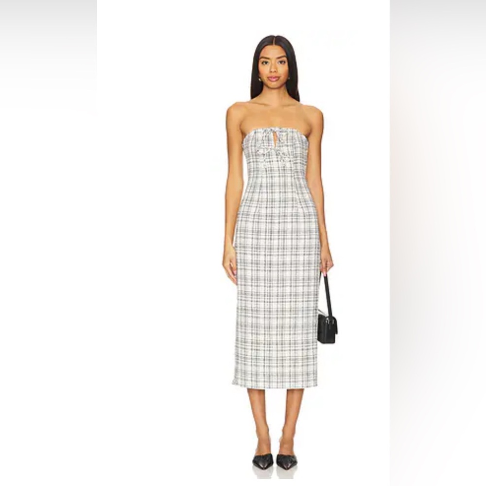 MORE TO COME Carrie Midi Dress. Black and White.   Elegant Plaid Strapless Dress